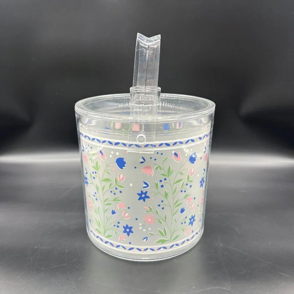 Vintage Ice Bucket HJ Stotter Acrylic Floral Pink Blue Flowers 1990s Cottagecore - Picture 3 of 10